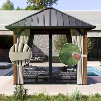 Outsunny 3 x 3(m) Hardtop Gazebo with Galvanised Steel Roof and Water Gutter, Waterproof Permanent Pavilion Garden Gazebo with Netting and Curtains for Patio, Deck, Walnut Wood Finish(m-7)