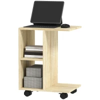 HOMCOM C-Shape End Table Unique Storage Unit w/ 2 Shelves 4 Wheels Freestanding Home Office Furniture Cabinet Square Studio Natural(m-11)