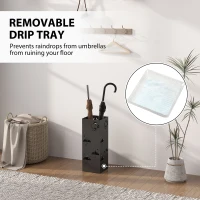 HOMCOM Metal Umbrella Stand, Square Umbrella Holder with Removable Drip Tray and 4 Hooks, Decorative Umbrella Storage Rack for Hallway, Entryway, 15.5 x 15.5 x 41 cm, Black(m-4)