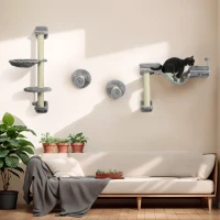 PawHut Juego de Escalada para Gatos de Pared 4 Piezas con Hamaca Bola Plataformas 84,5x19x54 cm Gris y Beige(m-2)