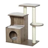 PawHut Albero Tiragraffi per Gatti Adulti, Castello per Gatti con Cuccia Casetta in Legno, Pali in Corda Sisal e Cuscini Rimovibili, Color caffè chiaro, 66x38x88cm(m-1)