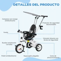 HOMCOM Triciclo para Bebés de +12 Meses con Toldo Plegable Mango de Empuje Telescópico y Desmontable y Portabotellas Blanco(m-7)