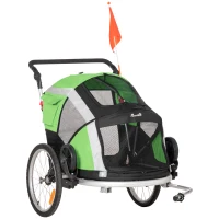 PawHut Dog Bike Trailer 2-in-1 Pet Stroller for Large Dogs Cart Foldable Bicycle Carrier Aluminium Frame with Safety Leash Hitch Coupler Reflector Flag Green(m-1)