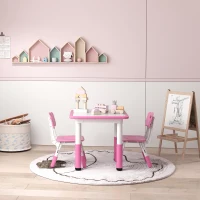 AIYAPLAY Height Adjustable Toddler Table and Chair Set, 3-Piece Children Activity Table w/ 2 Chairs for Playroom, Bedroom - Pink(m-8)