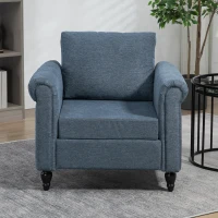 HOMCOM Vintage Accent Chair, Upholstered Occasional Chair with Back Pillow, Rolled Arms,  Rubber Wood Legs, Dark Blue(m-7)