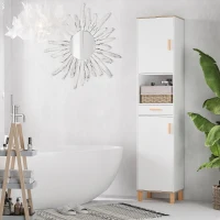 kleankin Mobile Bagno Salvaspazio in Legno, Mobile a Colonna con Armadietti e Cassetto, 39x30x180cm, Bianco(m-2)