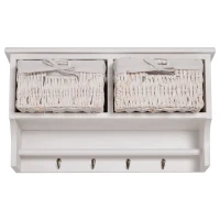 HOMCOM Porte-manteau mural - meuble de rangement mural étagère 4 patères + 2 paniers bois de paulownia osier tissu blanc(m-4)