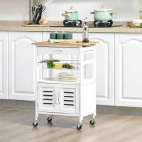 HOMCOM Chariot de service desserte de cuisine à roulettes meuble de rangement avec plateau en bambou panier en métal et armoire avec 2 portes persiennes dim. 58L x 37l x 83H cm - blanc(m-2)