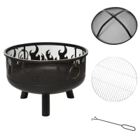 Outsunny Metal Firepit Bowl Outdoor 2-In-1 Round Fire Pit w/ Lid, Grill, Poker, Handles for Garden, Camping, BBQ, Bonfire, Wood Burning Stove, 61.5 x 61.5 x 52cm, Black(m-9)