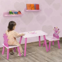 HOMCOM Ensemble table et 2 chaises enfant 3 pièces, pieds en bois massif, table enfant avec chaise motif couronne, pour filles et garçons de 2 à 4 ans, rose(m-2)