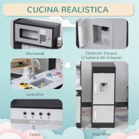 HOMCOM Cucina Giocattolo per Bambini in Legno con 14 Accessori, Forno, Lavandino, Frigo e Microonde, Età 3+ Anni, 86x64x84.5cm, Argento e Marrone(m-6)
