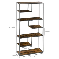 HOMCOM Industrial Bookcase Shelf, 6 Tier Metal Shelving, Storage Shelves for Living Room, Home Office, Bedroom, Rustic Brown(m-3)