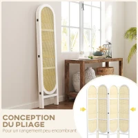 HOMCOM Paravent interieur en bois 4 panneaux 170 x 160 cm pliable et portable, motif tissé à la main, blanc(m-4)