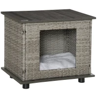 PawHut Wicker Dog House, Rattan Pet Bed, Cat House, End Table Furniture, with Soft Cushion, Adjustable Feet, for X-Small Dogs Grey, 60 x 44 x 51.5 cm(m-1)
