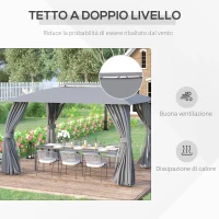 Outsunny Gazebo da Giardino 4x3m con Doppio Tettuccio, Pareti in Poliestere e Struttura in Acciaio, Grigio(m-4)