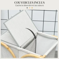 HOMCOM Panier à linge sale panier de rangement bac en bambou 2 paniers en tissu avec couvercle - 55L x 40l x 62H cm gris foncé(m-5)