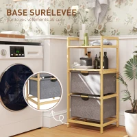 HOMCOM Panier à linge en bambou corbeille à linge sale avec 2 sacs en tissu coulissants et étagères ouvertes, naturel(m-8)