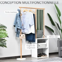 HOMCOM Porte-manteaux meuble d'entrée vestiaire penderie avec miroir 4 patères 2 niches dim. 100L x 34l x 164H cm MDF blanc bois massif bambou(m-5)