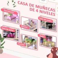HOMCOM Casa de Muñecas Infantil con Muebles Casa de Muñecas de 4 Pisos con 13 Accesorios 60,5x30x80,5cm Rosa(m-4)