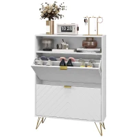 HOMCOM 12 Shoe Storage Cabinet, with Chevron Indents and Gold Tone Accents - White(m-11)