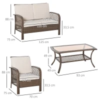 Outsunny Conjunto de 4 Muebles de Jardín de Ratán PE Sillón Sofá Doble y Mesa de Café con Cojines Lavable para Exterior Terraza Patio Marrón y Caqui(m-3)