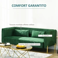 HOMCOM Divano 3 Posti Moderno con Cuscini Imbottiti, Gambe in Acciaio e Tessuto Vellutato, 200x88x76 cm, Verde(m-4)