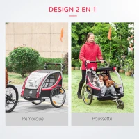 HOMCOM Remorque vélo pour enfant 2 en 1 convertible jogger poussette capacité 26,4 kg avec réflecteurs et drapeau - 2 places  - rouge(m-4)