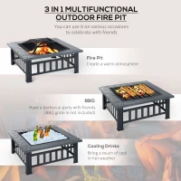 Outsunny Metal Large Firepit Outdoor Square Fire Pit Brazier with Rain Cover, Lid, Log Grate, Poker for Backyard, Camping, BBQ, Bonfire, Wood Burning Stove, 86 x 86 x 54cm, Black(m-4)