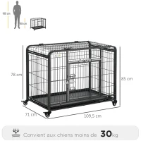 PawHut Cage pour chien pliable cage de transport sur roulettes 2 portes verrouillables plateau amovible dim. 109,5L x 71l x 78H cm métal gris foncé(m-3)
