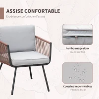 Outsunny Ensemble de jardin en résine tressée 3 pièces cadre en acier 2 fauteuils + table basse coussins inclus teck gris orange(m-5)