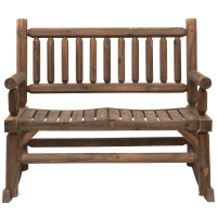 Outsunny Garden 2-Seater Rocking Bench Wood Frame Rough-Cut Log Loveseat Slatted High Back Rustic Style with Armrests Garden Outdoor Furniture - Dark Stain Brown(m-11)