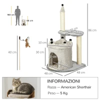 PawHut Albero Tiragraffi per Gatti con Casetta e Lettino, Rivestimento Peluche e Gioco, 48x48x86cm, Grigio(m-3)