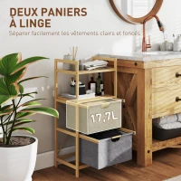 HOMCOM Panier à linge en bambou corbeille à linge sale avec 2 sacs en tissu coulissants et étagères ouvertes, naturel(m-4)