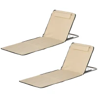 Outsunny Set of 2 Foldable Garden Beach Chair Mat Lightweight Outdoor Sun Lounger Seats Adjustable Back Metal Frame PE Fabric Head Pillow w/ Carry Bag, Beige(m-12)