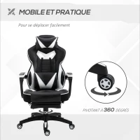 Vinsetto Chaise gaming Ergonomique, Fauteuil de Bureau confortable avec Repose-Pied, Appuie-Tête et coussin lombaire, Hauteur Réglable, noir et blanc(m-6)