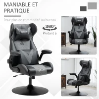 Vinsetto Chaise de gaming ergonomique avec base ronde hauteur réglable accoudoir relevable coussins tétière et lombaires PU gris noir(m-7)