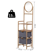 HOMCOM Meuble colonne rangement salle de bain bambou design naturel 41L x 33l x 166H cm 2 étagères, 2 paniers, 4 patères + miroir(m-3)