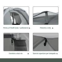 Outsunny Tenda da Campeggio a Cupola per 2 Persone Estensibile, 4 Porte e 3 Finestre, 350x220x145cm, Grigio(m-5)