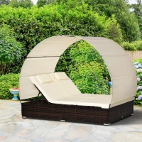 Outsunny Sdraio da Giardino Doppia con Tettuccio e Schienale 5 Reclinazioni, Lettino Prendisole in Rattan PE 196x137x31cm Bianco Crema(m-2)