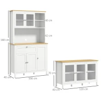 HOMCOM Buffet de cuisine haut + meuble bas de rangement - portes vitrées, étagères réglables, tiroir, niche et passe-câble - blanc, bois naturel(m-3)
