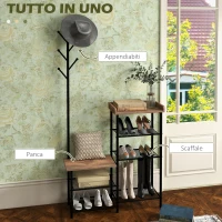 HOMCOM Appendiabiti da Terra a 6 Ganci in Truciolato e Acciaio con Mobile Scarpiera Portaoggetti, 92.5x28.2x182 cm(m-4)