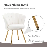HOMCOM Fauteuil coquillage chaise coiffeuse fauteuil en velours fauteuil de salon avec pieds en métal doré crème(m-4)