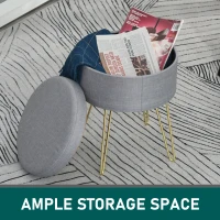 HOMCOM Round Linen-Look Storage Ottoman Footstool Wood Frame w/ Metal Legs Padded Lid Home Seat Beautiful Stylish Home Furnishing Table Grey(m-4)