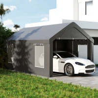 Outsunny Carport tente de garage 3 x 6 m avec parois latérales amovibles, 2 portes enroulables et 4 fenêtres, gris foncé(m-2)