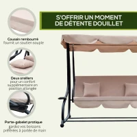Outsunny Balancelle de Jardin 3 Places Convertible Toit Inclinaison réglable 2 tablettes Support 2L x 1,2l x 1,64H m métal époxy Noir Polyester Beige(m-7)