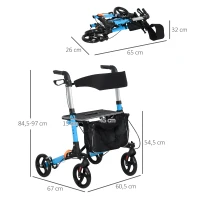 HOMCOM Déambulateur pliant avec siège et dossier 4 roues pliable réglable avec sac de rangement freins à main bleu et noir(m-3)