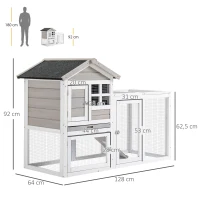 PawHut Clapier cage à lapins cottage - niche supérieure avec rampe et enclos extérieur - plateau coulissant, toit bitumé, 4 portes verrouillables - dim. 128L x 64l x 92H cm bois de sapin blanc gris(m-3)