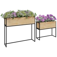 Outsunny Lot de 2 jardinières sur pieds en bois et métal 2 tailles 80 x 20 x 70 cm - 60 x 20 x 50 cm noir et naturel(m-1)
