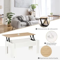 HOMCOM Mesa de Centro Elevable con Encimera Elevable con Espacio Oculto de Almacenaje 100x50x45-58,5 cm Blanco y Natural(m-6)