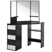 HOMCOM Coiffeuse d'angle design contemporain table de maquillage multi-rangements 5 tiroirs 3 étagères 3 miroirs noir blanc(m-6)